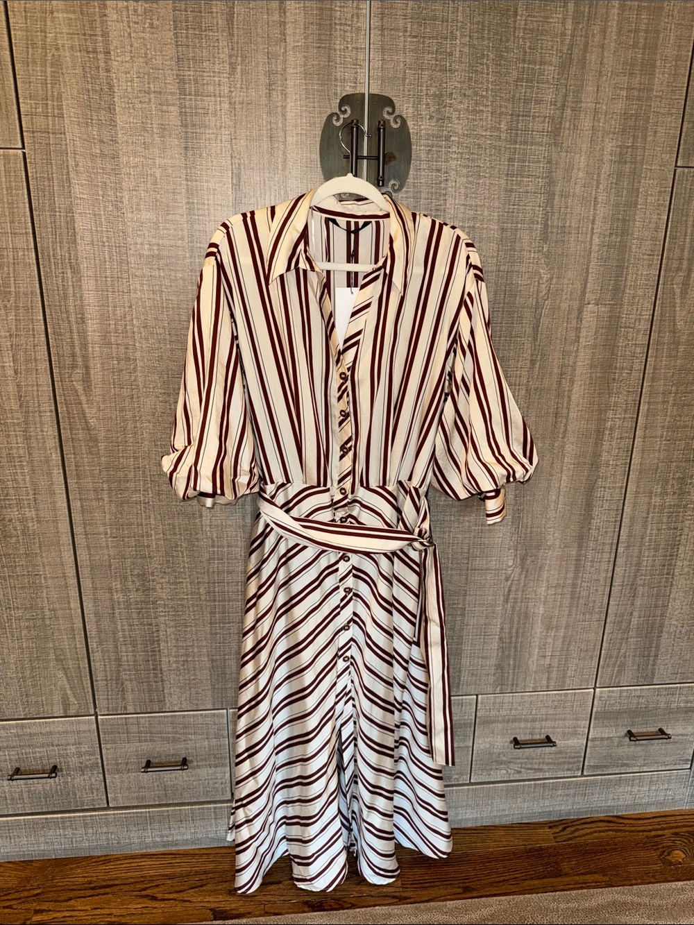 Zara Striped Belted Shirt Dress in Cream and Brown